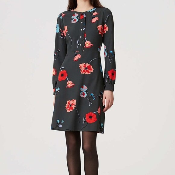 Loft Women Moss Green Red Blue Floral Long Sleeve Boho Career Button Dress 16 - Picture 10 of 10